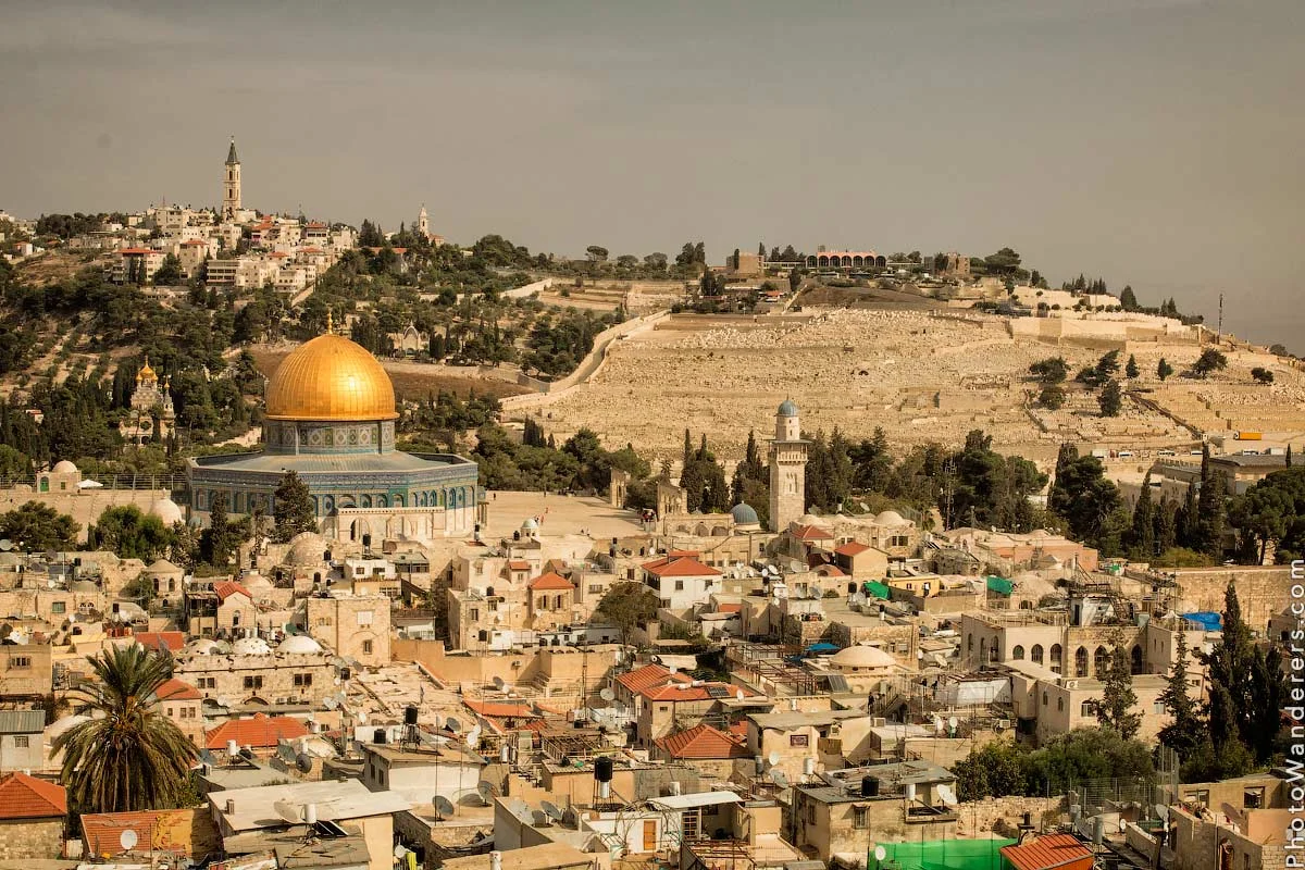 View of Jerusalem's Old City and the Mount of Olives at golden hour