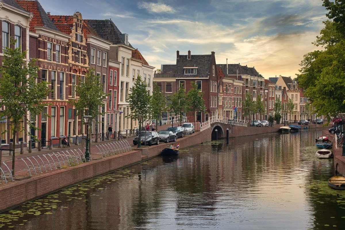 Leiden, the last evening on the Rapenburg — before the long flight back.