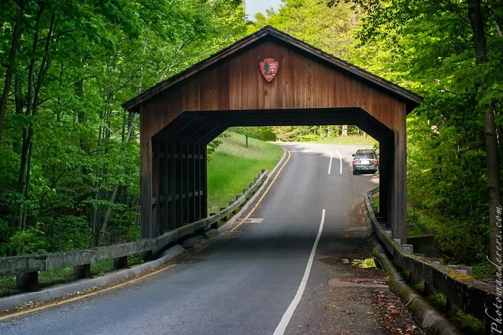 Covered wooden bridge on Pierce Stocking Scenic Drive