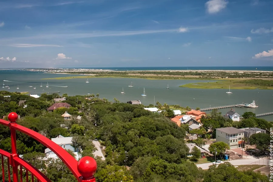 View from St. Augustine Lighthouse with red railing and Matanzas River