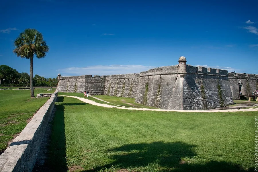 Castillo de San Marcos fort exterior with palm tree against blue sky